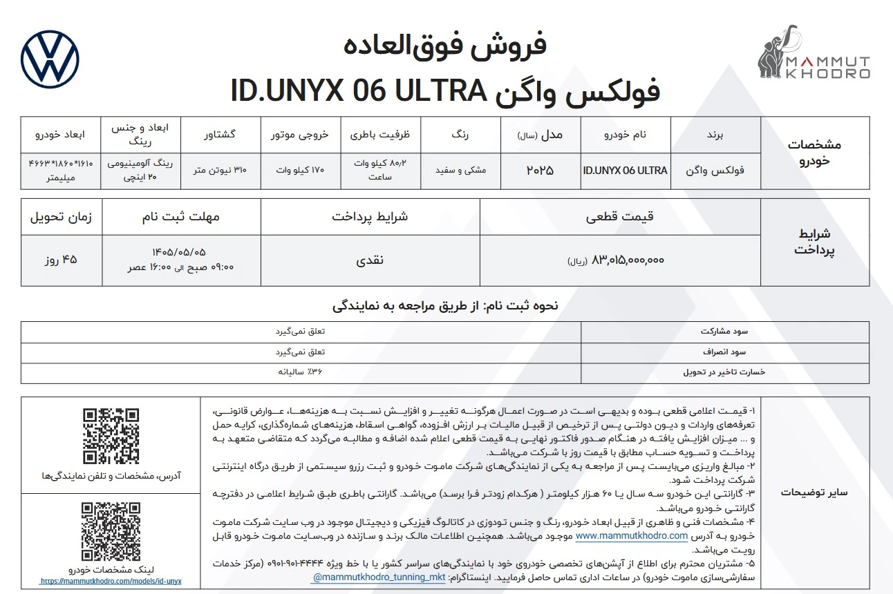 بخشنامه فروش فولکس‌واگن ID.UNYX توسط ماموت خودرو